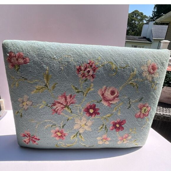 None Other - Needlepoint Bench Vintage Floral Needlepoint stool coastal cottage Grandmacore